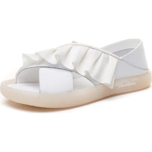 Best Sale 2020 New Summer Shallow Cowhide Fashion Leather Sandals Soft Bottom Comfort Flat Sandals Popular Casual Women Sandals