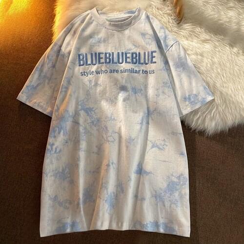 Short Sleeve T-shirts Women O-neck Letter Embroidery Tie Dye Oversize Hip Hop Loose Korean Style All-match Students Simple Chic