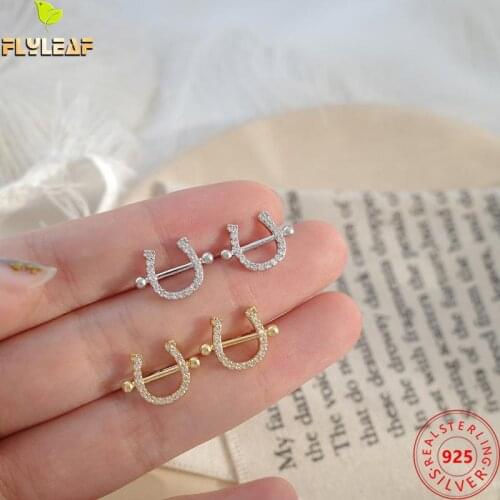 925 Sterling Silver 14k Gold Zircon Horseshoe Stud Earrings For Women Fashion Female Fine Jewelry