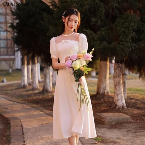 KAUNISSINA White Tea Length Short Wedding Dresses for Women O-Neck A-Line Satin Bridal Gown Vestido De Novia Robe Mariage Dress