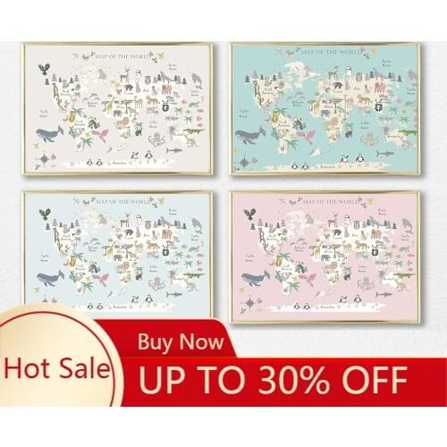 Animal World Map Nursery Wall Art Canvas Painting Scandinavian Posters and Prints Cute poster Animals Pictures Kids Room Decor