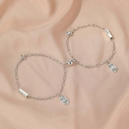 1Pair Bracelet Happy Words Attract Wealth and Fortune Charm Magnetic Female INS Simple Personality Student Couple Jewelry