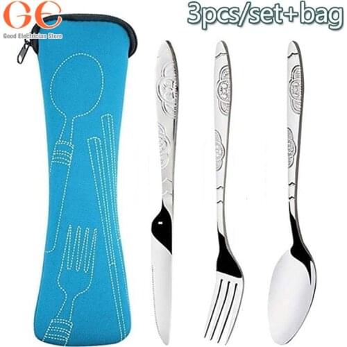 3pcs/set Dinnerware Portable Printed Stainless Steel Spoon Fork Steak Knife Set Travel Cutlery Tableware with Bag steak knife