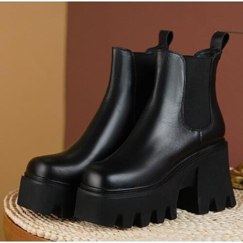 Fashion Platform Chelsea Boots For Women Chunky Heels Ladies Leather Shoes Autumn Winter Slip On Square Toe Female Ankle Boots