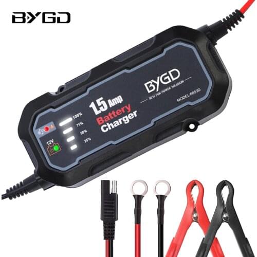BYGD 12V 1500mA Fully Automatic Smart Motorcycle Battery Charger and Maintainer for Car, RV, ATV, Boat, AGM GEL Lead-Acid Repair