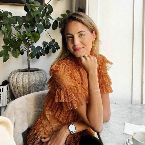 Designers Spiced Honey Tiered Ruffle Lace Mesh High Neck Blouse Elegance All-over Frill Semi-Sheer Ruched Layered 3/4 Arm Tops