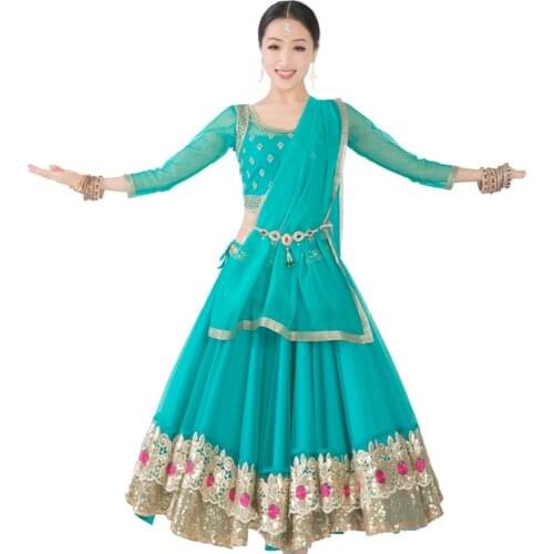 Indian Dance Performance Costumes For Women Adult Mesh Long Sleeve Tops Big Swing Elegant Skirt Oriental Dance Clothing DQL5170