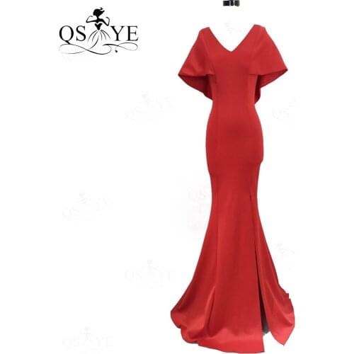 Red Mermaid Evening Dresses Elastic Flare Batted Sleeves Prom Gown Simple V Neck Formal Party Gown Decent Conservative WomenGown