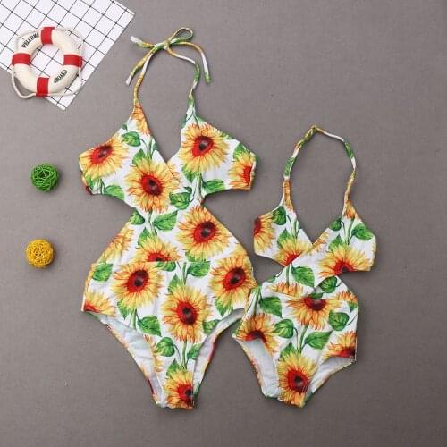 LB Mom Girls 2021 Family Matching Sunflower One-Piece Swimsuit Swimwear Mother Daughter Women Kid Baby Girls Swimsuits Bikini