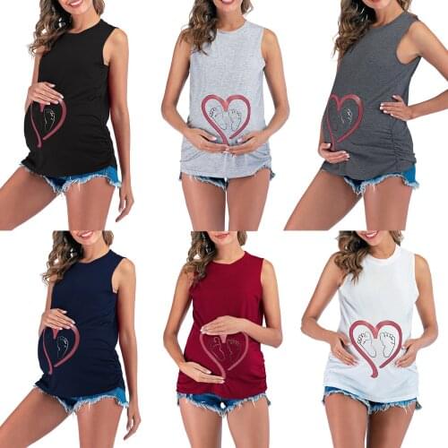 Summer Funny Cartoon Print Maternity Clothing Woman Round Neck Sleeveless Vest Heat Baby Feet Print Solid Color Maternity Top