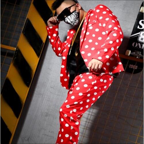 Red Dot Men Suits Sets Hip Hop Blazer Jacket Casual Slim Fit Male Fashion Stage Custom Made Singer Stage Costumes M-5xl 2021