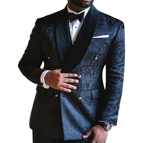 Floral Jacquard Slim fit Men Suits with Double Breasted Navy Blue Wedding Tuxedo for Groomsmen Black Shawl Lapel Man Fashion Set