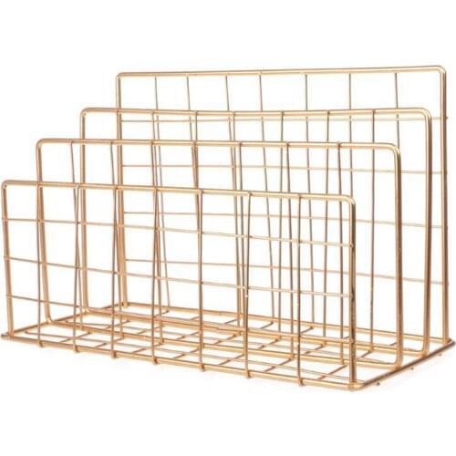 New Nordic Style Iron Art Grid Storage Rack Book Holder Three Layer Desktop Magazine Shelf Home Organizer Decoration(Gold)
