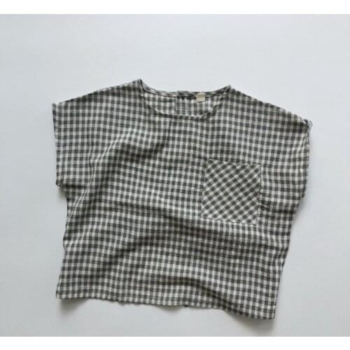 2021 new girls boys plaid shirt cotton linen summer short kids top