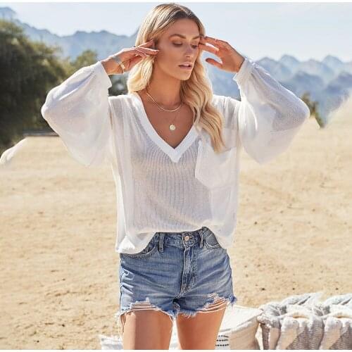 New Solid Sexy Knitted Tops Wommen 2021 Autumn Fashion V-neck Pocket Lantern Sleeve Loose Lady Shirt Casual Holiday Party Shirts