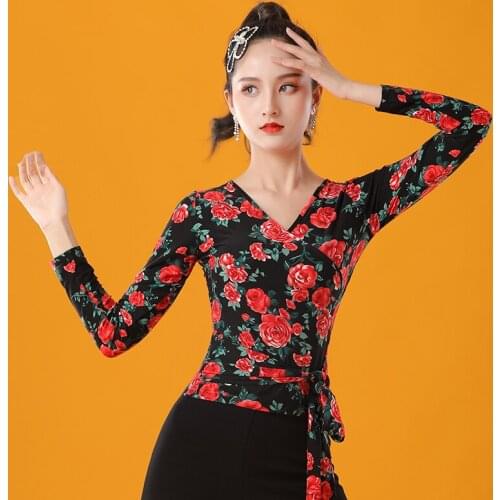 New Latin Dance Tops For Women Adult Long Sleeve Flower Printed Latin Practice Clothes Modern Standard Training Clothes DQL4986