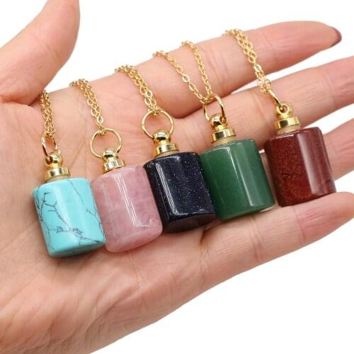 Natural Stone Perfume Bottle Pendants Necklace Rose Quartzs Malachites Essential Oil Diffuser Charms for DIY Jewelry Making