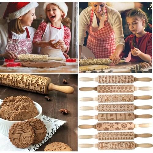 Merry Christmas Elk Wooden Print Rolling Pin Christmas Decorations for Home Navidad Decor Xmas Craft New Year 2022 Kitchen DIY