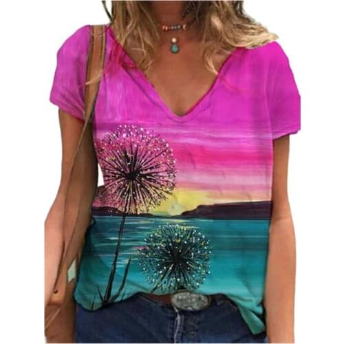 3D Dandelion Print Women T Shirt Summer 2021 New Fashion Casual Streetwear Short Sleeve V-Neck Tee Tops Plus Size Ladies Clothes