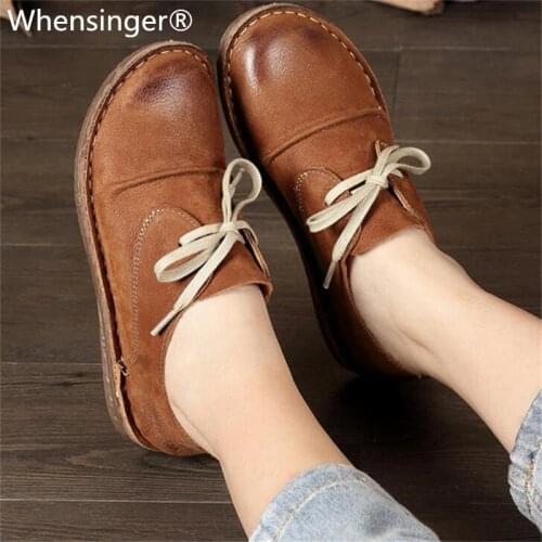 Whensinger - 2019 New Arrival Women Genuine Leather Shoes Lace-Up Flats 2 Colors 8561 Casual sneakers womens flat shoes