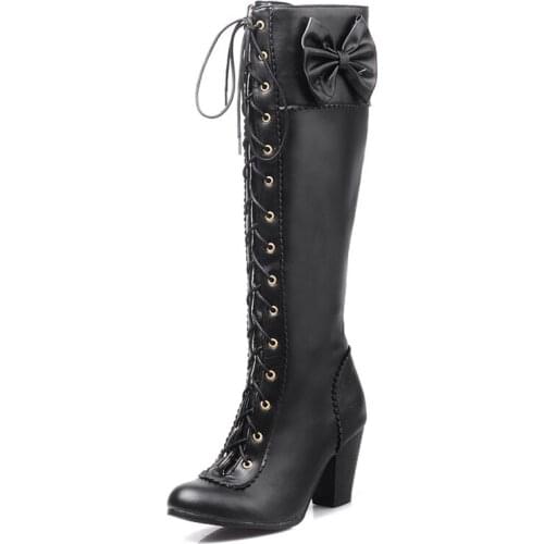Oversized Multi-Color Kawaii Bow Tie Lace-Up Knee Boots PU Tapered Heel Side Zip Thick Heel Womens Boots Round Toe Cross Strap