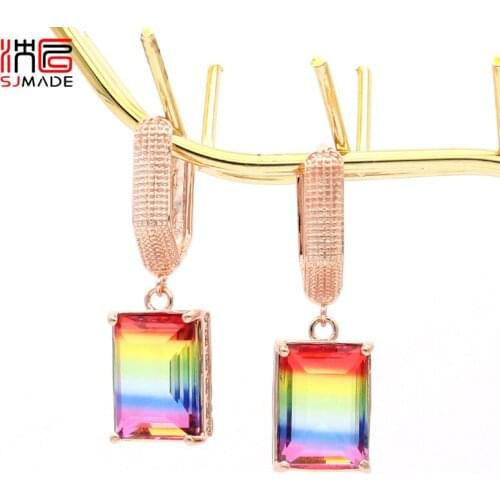 SJMADE Europe America Fashion Square Imitation Tourmaline Dangle Earrings Rose Gold Vintage Eardrop For Women Wedding Jewelry