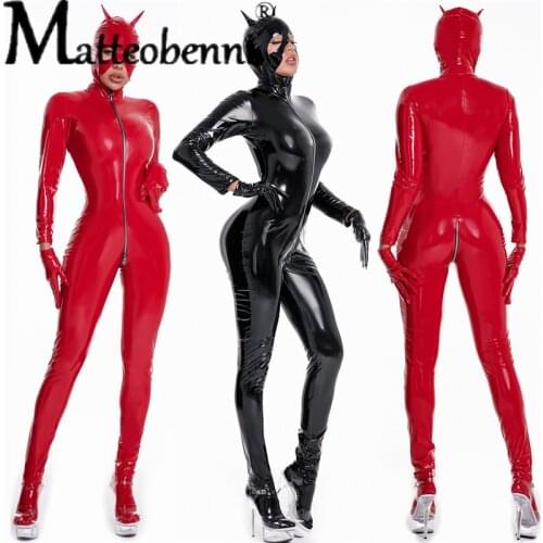 Women Sexy Wetlook Latex Catsuit with Mask PVC Faux Leather Jumpsuit Lady Erotic Costume PU Lingerie Bodysuit Clubwear Plus Size