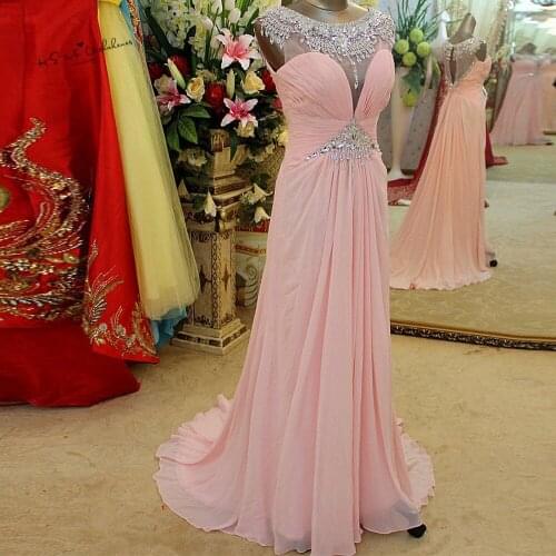 Robe de Soiree Longue 2018 Abendkleider Pink Rhinestones Evening Dresses Long Party Pageant Women Vintage Prom Dress Cap Sleeve