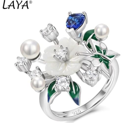 Laya 925 Sterling Silver Fashion Natural Shell Flower Green Leaf Enamel High Quality Zircon Ring For Women Wedding Jewelry