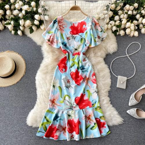 Europe Style 2021 Summer New Hit Elegant Women O Neck Short Sleeve Floral Print Fishtail Dress Fashion Ladies Party Dresses