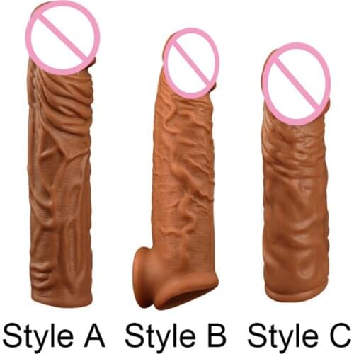 Liquid Silicone Reusable Penis Sleeve Extender Condom Realistic Male Cock Dildo Enlargement Condoms For Man With Retail Box