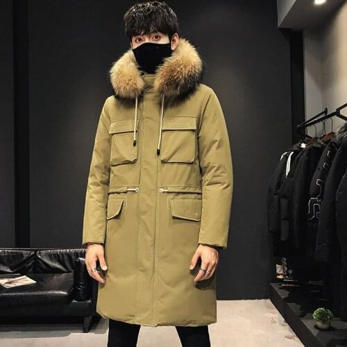 Winter Long Mens Down Jacket Genuine Fur Collar Fashion Casual Hooded 80% White Duck Down Coat Male Overcoat