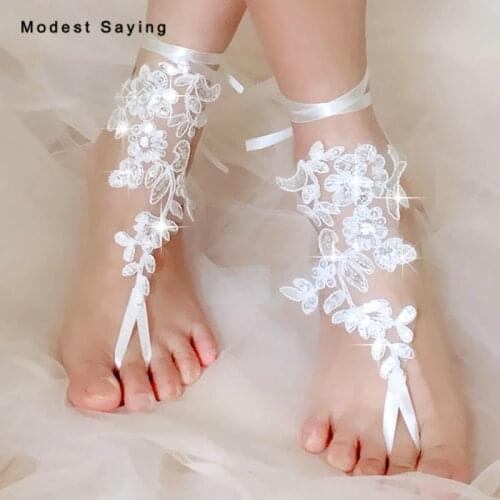 1 Pair Shiny Ivory Sequined Lace Wedding Barefoot Sandals Bridal Beach Anklet Shoes With Toe Sandbeach Bridesmaid Foot Jewelry