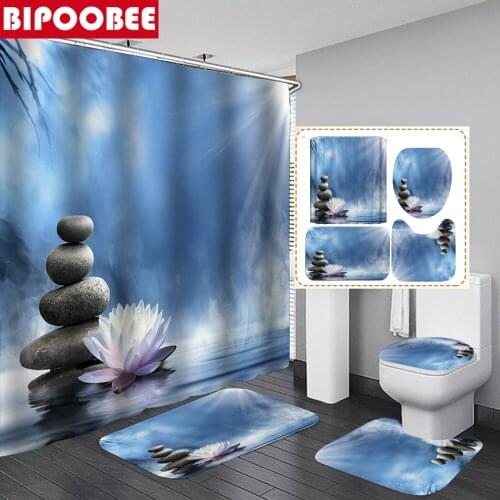 180x180cm Zen Stone Print Bathroom Shower Curtain Lotus Bath Curtains with Hooks Pedestal Rugs Non-slip Carpet Toilet Cover Mats