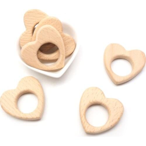 Chenkai 10pcs Wood Heart Teether Ring DIY Organic Eco-friendly Unfinished Nature Baby Rattle Teething Grasping Cartoon Toy