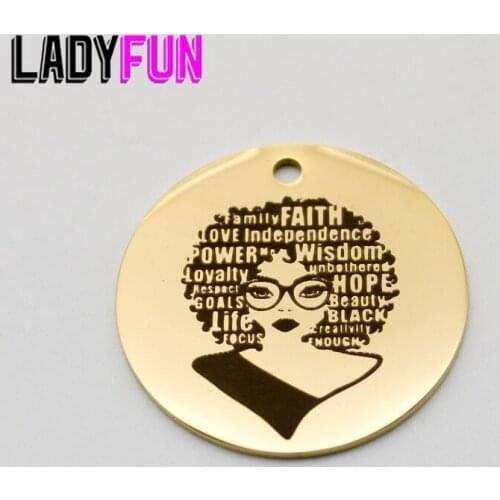 Black Afro Women Charm Courage Strength Empowered Charms Stainless Steel Charms Pendant High Polish Mirror Surface Pendant