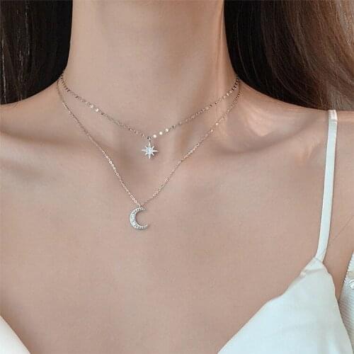 Double Star Moon Silver Plated Zircon Chain Necklace Womens Simple Exquisite Fashion Jewelry Wedding Necklace Birthday Gift