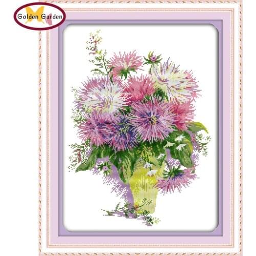 GG Asters Flower Counted Cross Stitch Pattern 11CT 14CT DIY Kits Joy Sunday Stamped Cross Stitch Embroidery Kits for Home Decor