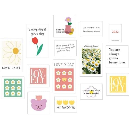 Korean Ins Cartoon Bear Daisy Flower Postcard Decorative Card Home Decor Kawaii Mini Poster Diy Background Wall Sticker 15sheets