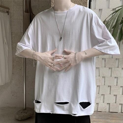 Oversiz handsome fashion brand t-shirt mens bottoming shirt summer hip hop half sleeve mens wear casual broken hole loose Shor