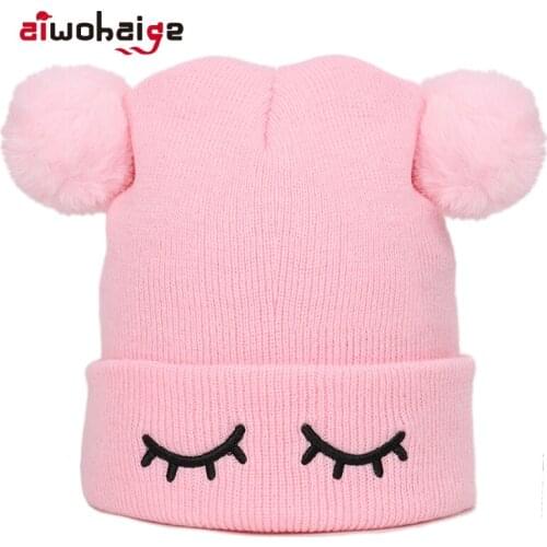 New Toddler Girls Boys Winter Hats Baby Infant Winter Keep Warm Hat Double Fur Ball Crochet Knit Hat Children Kids Beanie Cap