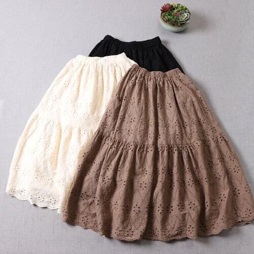 Japan Style Mori Girl Hollow out Embroidery Solid Color Skirt Double Lining Cotton Mid-length A-line Skirt