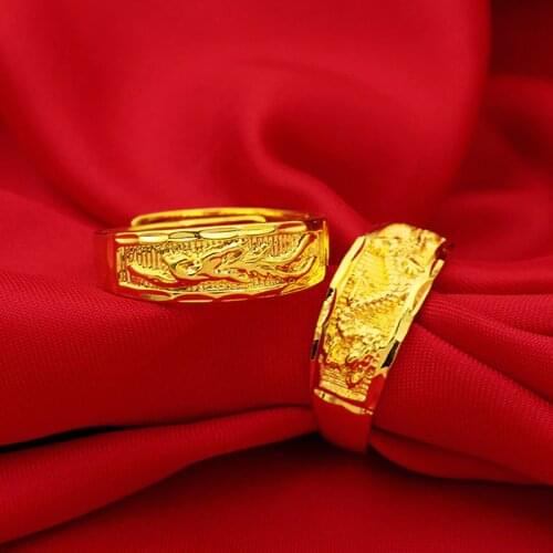 Couple Chinese Style Open Ring Dragon Phoenix Gold Colour Rings Adjustable Men Women Lovers' Wedding Rings Jewelry Gift