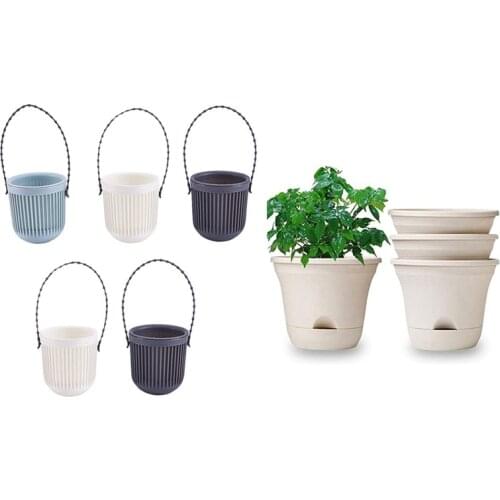 5Pcs Hanging Orchid Pot Balcony Wall Hanging Flower Pot & 1 Set 7.5 Inch Automatic Watering Flower Pot with Tray