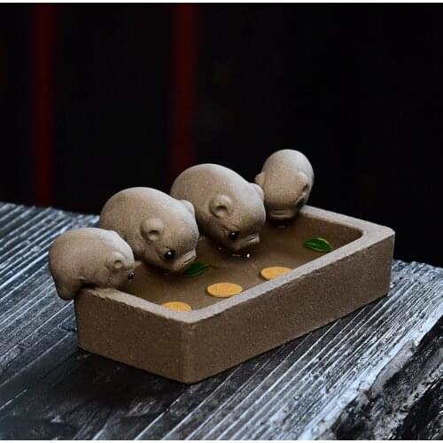 NOOLIM Purple Clay Handmade Tea Pet Little Pigs Drinking Water Ornaments Chinese Crude Pottery Teaset Home Decoration Crafts