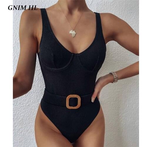GNIM One Piece Swimwear Women Solid Black Bikini Mujer 2020 Summer Backless Swimsuit With Belt High Cut Bather Suit Women New