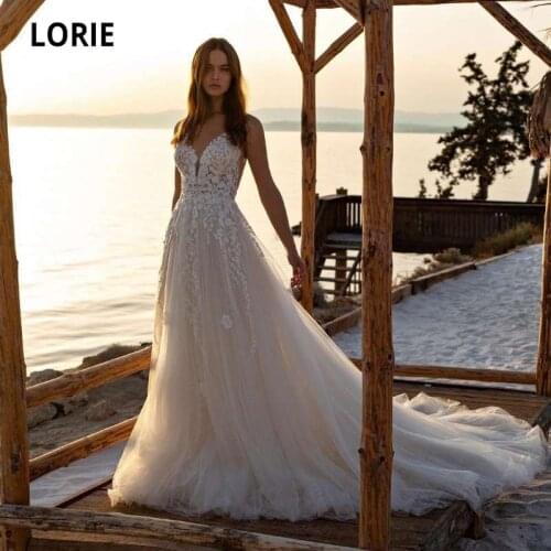 LORIE Bohemian Wedding Dresses V-Neck Appliques Lace Spaghetti Strap A-Line Beach Princes Wedding Bridal Gown 2021 suknia slubna