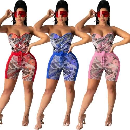 Fashion Streetwear Print Shorts Sets Women Sexy Drawstring Off the Shoulder Crop Top + Shorts Slim Clubwear Party Two Piece Set