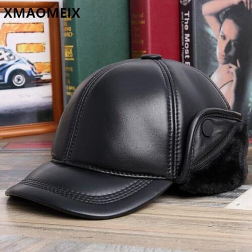 XMAOMEIX Natural Genuine Leather Caps Winter Mens Warm Bomber Hats Sheepskin Leather Thick Fluff Fur Earmuffs Hat Snapback Cap