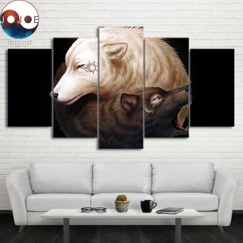 Yin and Yang by JoJoesArt HD print 5 piece canvas art 2 wolves Painting-Poster Wall Pictures For Living Room With Frame CU-3097C